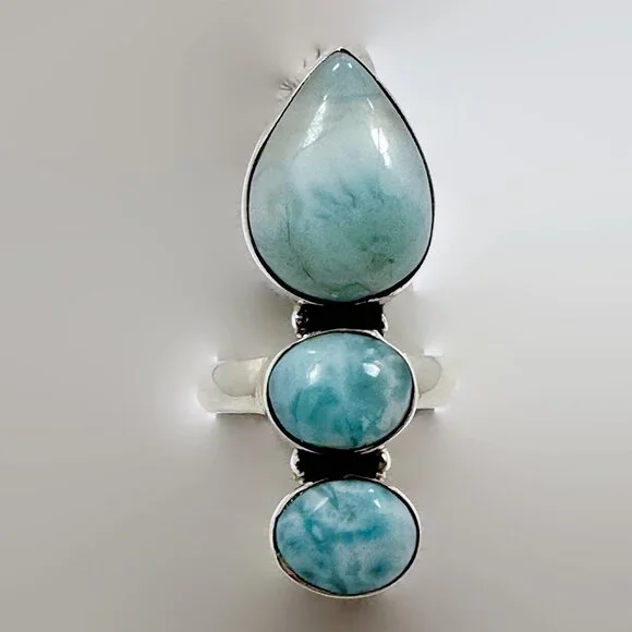 Handcrafted Larimar Sterling Silver Ring: Triple Stone Size 5.5 - Picture 3 of 5